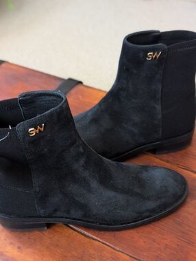 NWTStuart Weitzman Black Suede Women's Ankle Boots with Gold SW Accent
